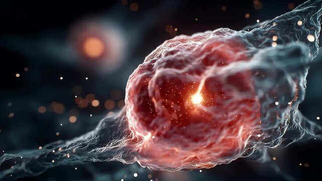 Organic cell dividing into two, Extreme macro translucent membrane texture, Wet environment floating particles biology, Cellular development and growth, Human body cellular replication concept