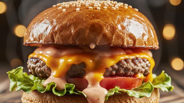 Close up of a gourmet burger with fresh ingredients and sauce