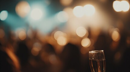 Glass of champagne on a table in front of a crowd of people