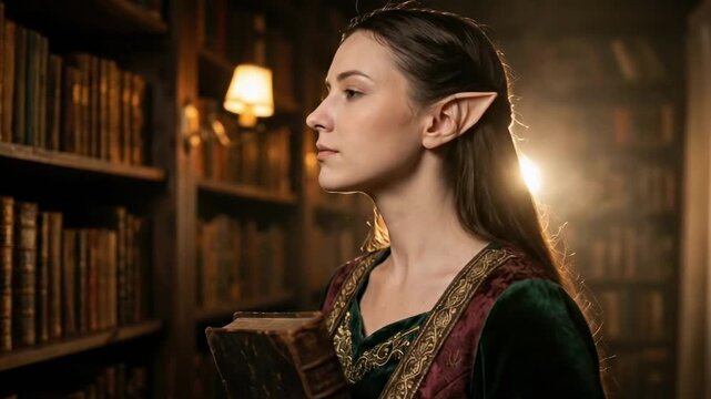 A young elf girlfriend with pointed ears stands in a dimly lit library, holding an ancient book close to her chest, surrounded by wooden shelves filled with old tomes