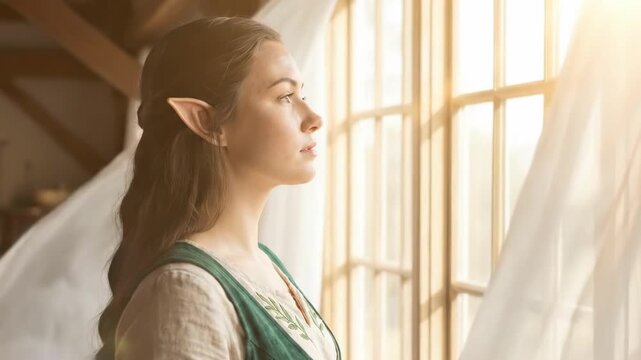 A young elf girlfriend with pointed ears gazes thoughtfully out of a large window, framed by flowing white curtains, wearing a green dress adorned with intricate patterns