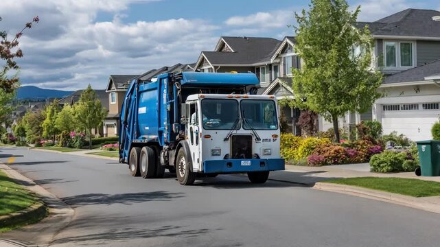Medium shot of a garbage truck stopping in a residential neighborhood for biweekly curbside collection of household waste.