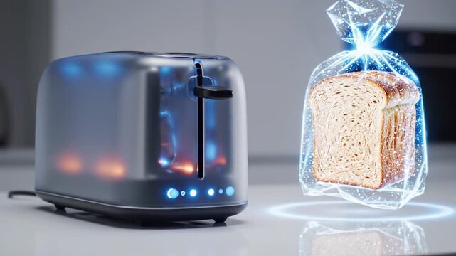 Modern toaster with holographic bread on kitchen counter innovation concept