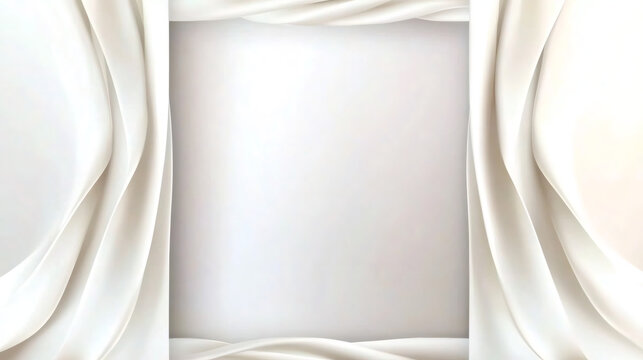 Elegant white silk fabric drapes creating a frame. Flowing satin curtain as a luxurious background with copy space for text.