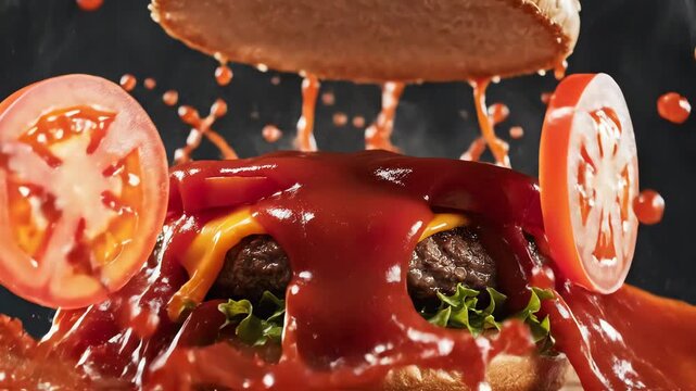 Delicious burger with exploding tomato sauce and melting cheese
