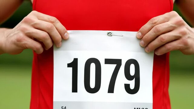 Runner Attaching Race Bib with Number 1079 to Red Shirt Before Marathon.