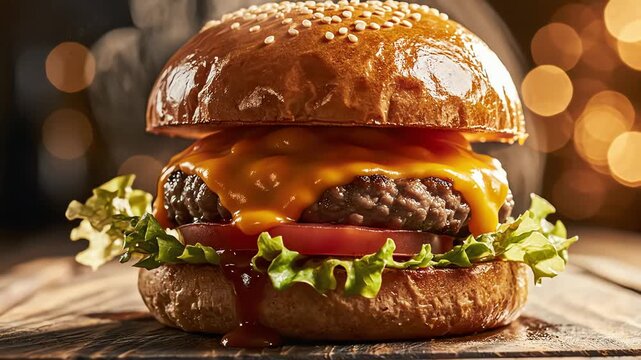 Delicious cheeseburger close up with fresh ingredients on wooden surface