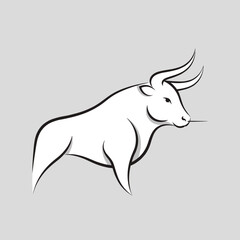 Obraz premium Stylized black and white bull illustration with prominent horns standing in profile on a solid grey background