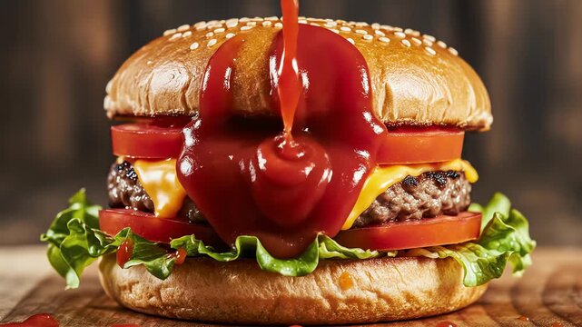 Delicious hamburger with fresh ingredients and sauce drizzle