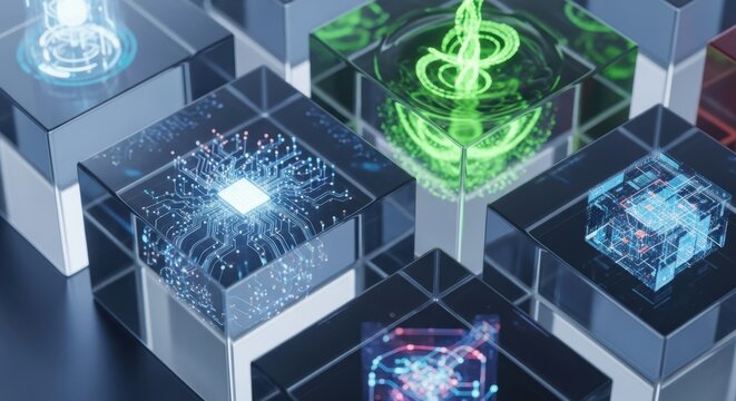 Innovation prototype cubes arranged using macro focus and smooth subtly blurred backdrop.