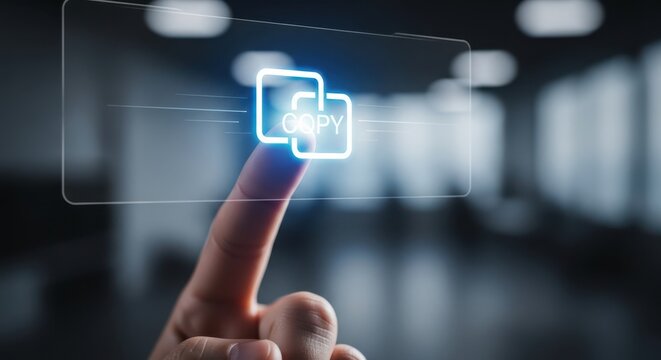 Finger pressing a virtual copy icon to duplicate a file or process instantly.
