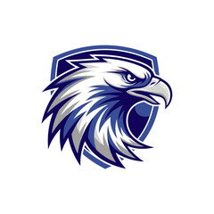 Fierce eagle head mascot with shield in blue and white colors