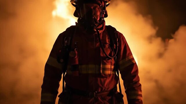 Firefighter in Full Gear with Mask Standing Before Raging Fire 4K