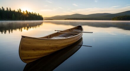 Obraz premium Wooden canoe floating on a calm lake at sunrise with reflections of forest and mountains