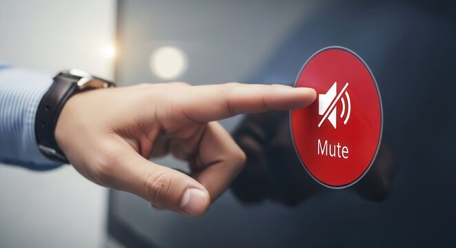 Business hand selecting a mute button to silence notifications and focus on productivity and deep work.
