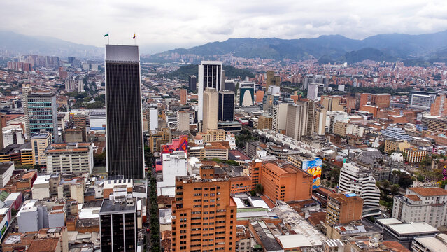 Medellin, Antioquia, Colombia - January 9, 2026. Urban landscape of downtown Medellin showing the city's architectural density, commercial development, and characteristic mountainous surroundings.