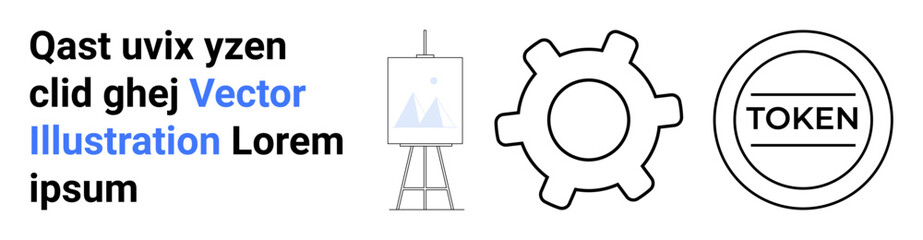 Technology, digital identity, blockchain, creativity, innovation, design process. Gear symbol, canvas on stand circular token badge. Technology and creativity concepts © robu_s