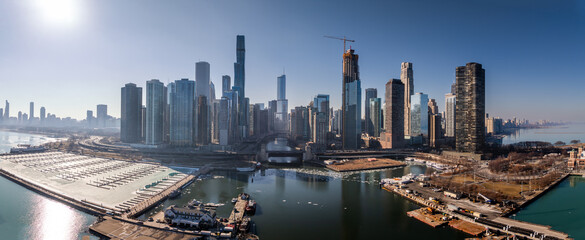 Fototapeta premium Aerial Drone View of the Chicago River and Downtown Chicago Skyline on February 16, 2026 – Illinois USA