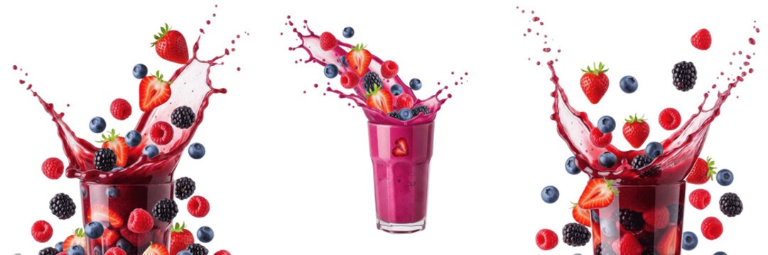 Smoothie with berries splash isolated on white background, mixed fruit smoothie liquid droplets, berry smoothie pour, healthy drink splash, smoothie photography, smoothie motion illustration, fruit