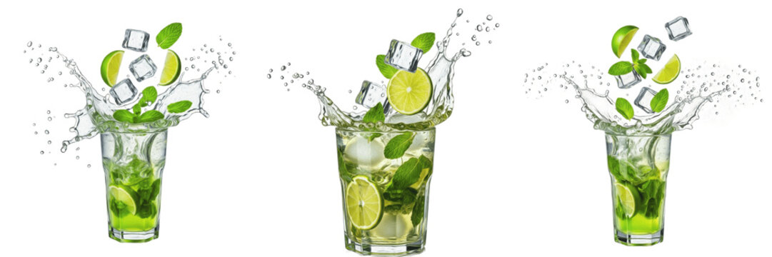 Mojito splash isolated on white background, rum mint cocktail liquid droplets, mojito pour, refreshing cocktail splash, Cuban cocktail photography, mojito motion illustration, beverage effect