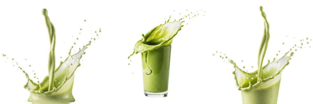 Avocado smoothie splash isolated on white background, green fruit smoothie liquid droplets, avocado smoothie pour, healthy drink splash, creamy smoothie photography, avocado motion illustration, bever