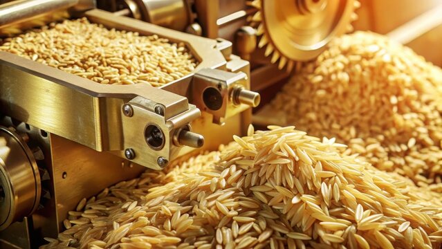 Rice grain processing machinery in closeup detail, revealing intricate mechanical components and textured seeds