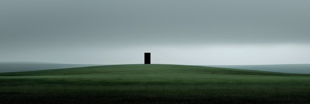 endless grassy plain with one thin black monolith, overcast soft light