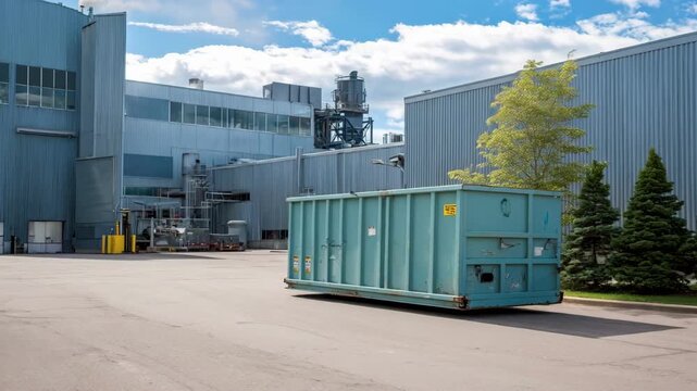 Industrial area featuring a medium shot of a large dumpster positioned beside factory buildings emphasizing streamlined garbage collection processes.
