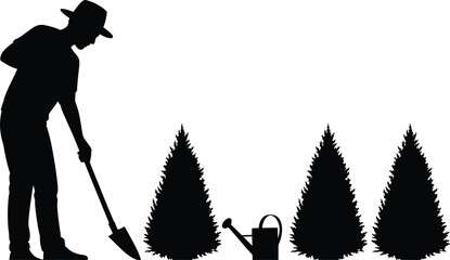 Farmer digging soil and planting evergreen trees silhouette vector illustration, man with shovel and watering can, forestry gardening, environmental conservation concept © SreemotiLipi
