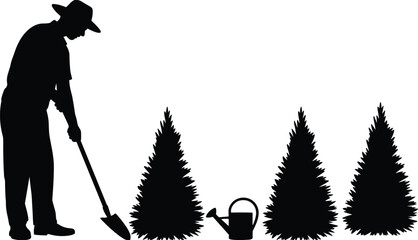Farmer planting evergreen trees silhouette vector illustration, man with shovel and watering can, forestry gardening activity, environmental conservation, reforestation concept © SreemotiLipi