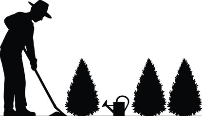 Farmer planting pine trees silhouette vector illustration, man digging soil with shovel and watering can, forestry gardening activity, environmental sustainability concept © SreemotiLipi