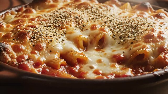 Baked pasta dish with cheese and toasted breadcrumbs