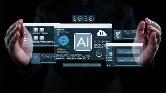Hands holding a futuristic interactive dashboard representing artificial intelligence, showcasing data visualization, metrics, and digital innovation in a virtual environment. Qubit