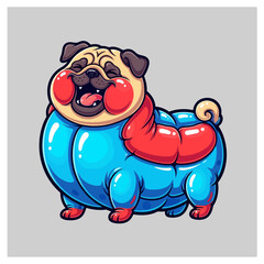 Cute cartoon pug in colorful puffer jacket on gray background © colorshapppy