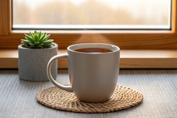 Obraz premium A warm, steaming mug of coffee or tea rests on a rustic coaster by a window, offering comfort and relaxation.