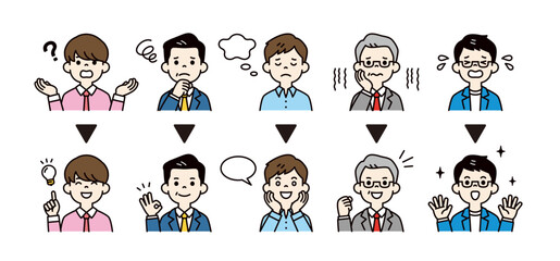 トラブルが解決・解消する様々な年代のビジネスマンの表情 ・ポーズのアイコンイラスト素材セット