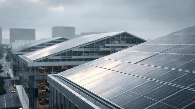 Overcast daylight softens hues on casino hotels solarintegrated rooftop medium shot emphasizes reflective solar panels seamlessly merging with building cladding.