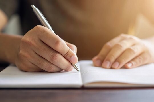 Close-up of a person's hands meticulously writing with a silver pen in an open notebook, bathed in soft, warm light.