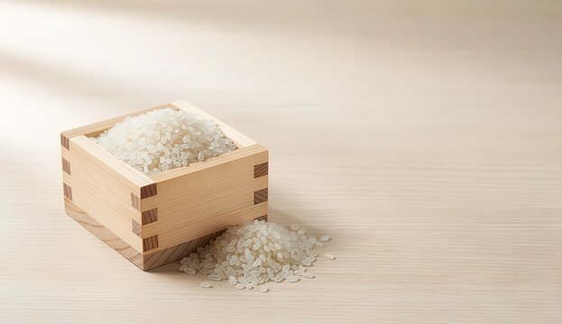 Japanese rice grains in wooden masu box on neutral background, premium short grain staple food ingredient with natural texture and minimalist style
