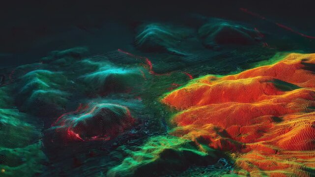 Medium shot of detailed 3D topographic digital terrain model showcasing elevation changes and natural landforms with realistic shading.