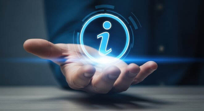 Male hand holding a digital info icon to read more about a topic.