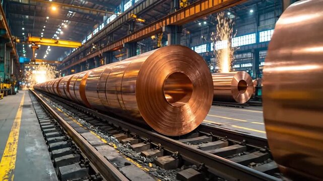 Shiny copper metal coils stacked on industrial rails inside a modern manufacturing factory