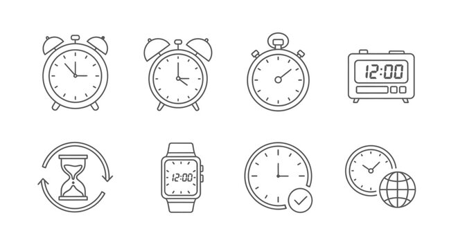 Clock icon set. Vector Time and Clock icons set. Horizontal set of analog clock icon symbol .Circle arrow icon.Vector illustration.