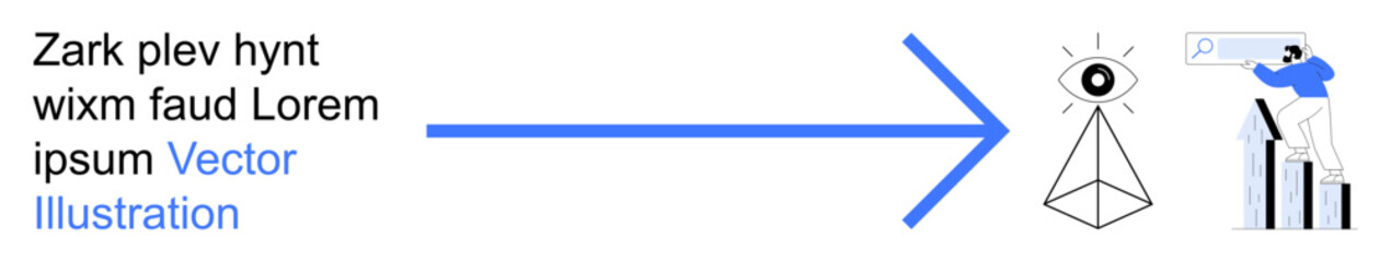 Obraz premium Business intelligence, data analysis, vision, insight generation, innovation, growth strategies. An arrow points from text to an abstract eye and a person analyzing charts. Business intelligence