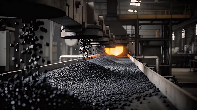 Heavy industrial machinery dropping dark processed mineral pellets onto a long conveyor belt moving through a dimly lit factory environment