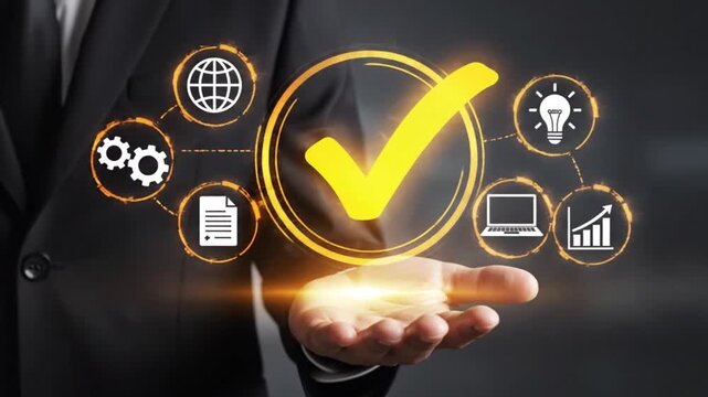 Professional businessman showcases a glowing digital interface featuring a large yellow checkmark symbolizing successful quality assurance and goal achievement in modern business operations.