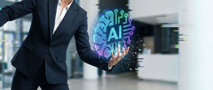 未来のAIアイコンを掴む躍動的なスーツ姿のビジネスウーマン