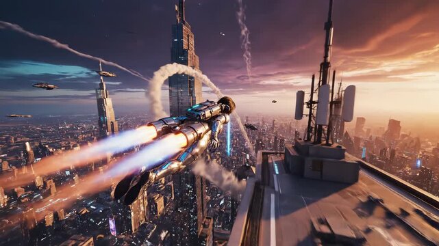 Futuristic Cityscape with Jetpack Flight - A Thrilling Aerial Adventure.