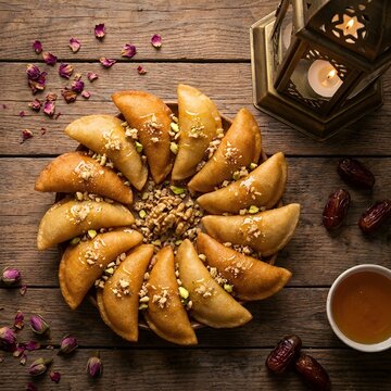 Festive Ramadan flat lay of fried Qatayef dumplings arranged with honey nuts and antique lantern