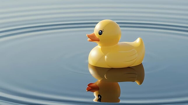 Adorable small yellow rubber duck toy floating calmly upon the serene surface of deep blue water creating subtle concentric ripples expanding outwards in a peaceful scene
